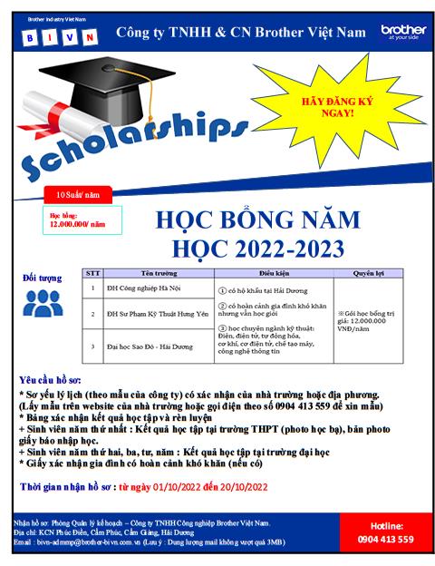 Thông báo chương trình Học bổng Brother Việt Nam 2022