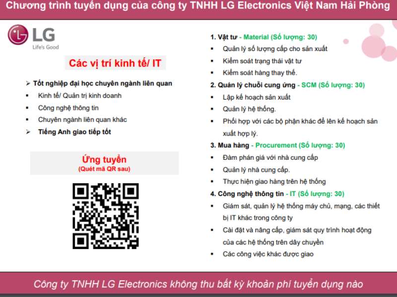 Thông báo tổ chức thi tuyển, phỏng vấn trực tiếp tại trường của Công ty TNHH LG Electronics Việt Nam (Hải Phòng)